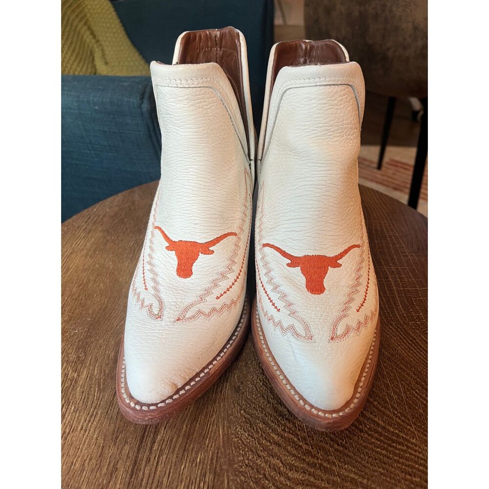 Vaccari White Leather Western Ankle Boots Texas Longhorn Embroidery Size 7.5